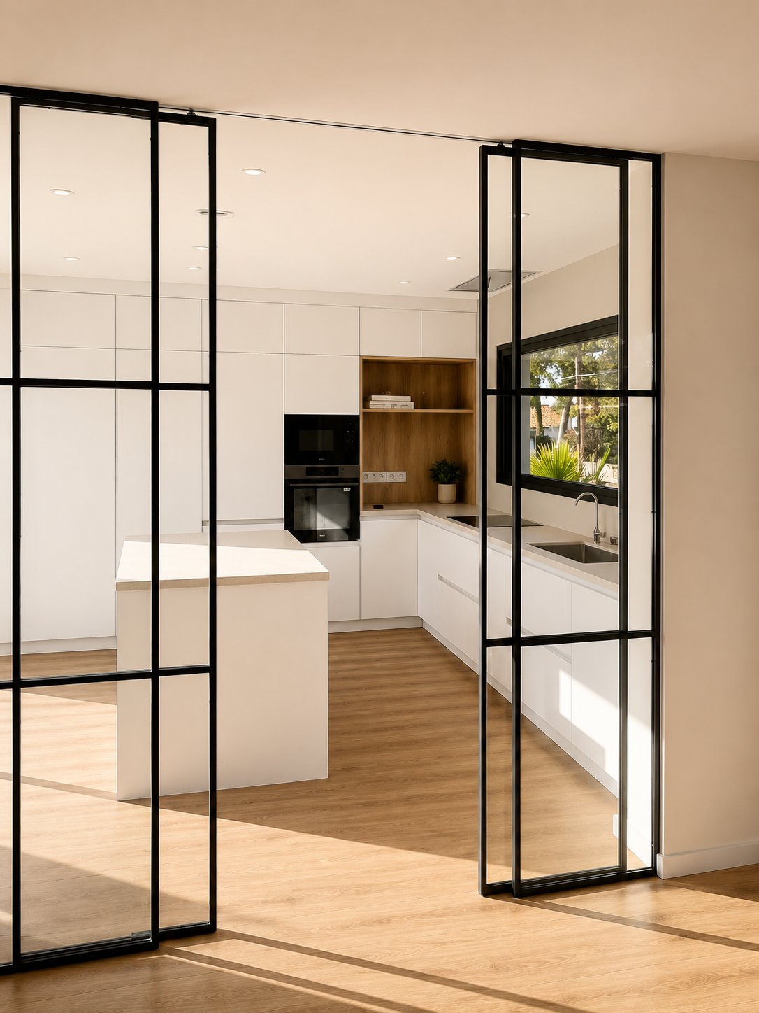 Cocina en blanco con isla, hornos negros y hornacina de roble tras la vidriera